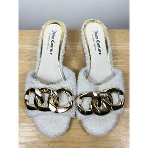 Juicy Couture White Sherpa Slide Block Heel Shoes Gold Chain Womens 10 Glam Luxe